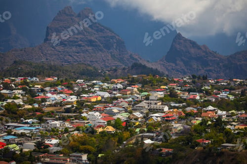 Preview: Elevated view of mountain valley village, Reunion Island