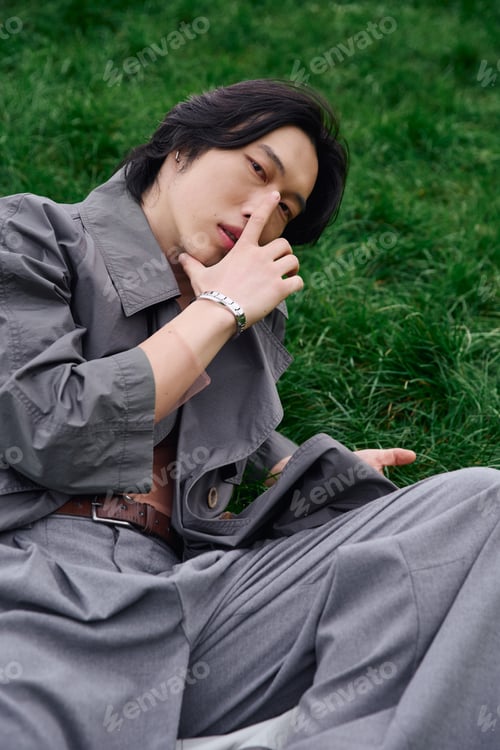Preview: Young man enjoys a moment of style and tranquility in a park setting