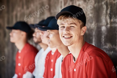 Preview: Baseball player, team and man with smile in portrait, sports and professional club with young athle