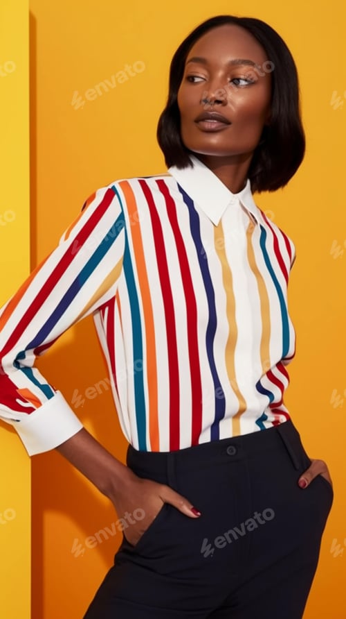 Preview: a woman poses in front of an orange background and wears an off - white shirt