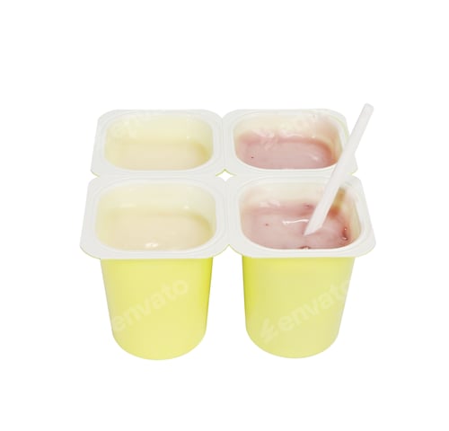 Preview: Closeup of a pack of four yogurts in yellow plastic cups with a plastic spoon on a white background