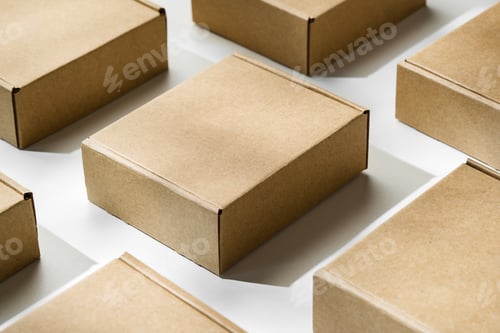 Preview: Brown cardboard boxes arranged on a light surface for packing goods in a warehouse setting