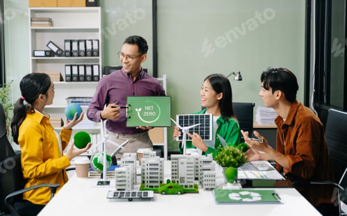 Preview: business team people planning and discussing on recycle reduce reuse policy symbol