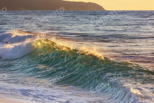 Beautiful Ocean Wave with Golden Sunrise Light