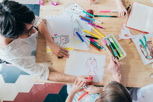 Preview: Overhead view family indoor drawing with coloured pencil