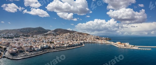 Preview: Syros island, Hermoupolis cityscape panorama aerial drone view. Greece, Cyclades.