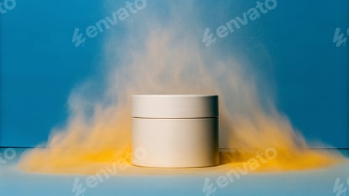 Preview: White Cosmetic Jar Surrounded by Yellow Powder Cloud on Blue Background
