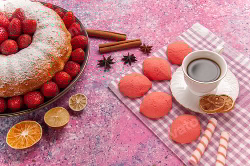 Preview: front view sugar powdered pie strawberry cake with tea and cakes on pink background biscuit pie