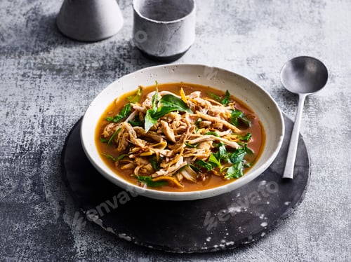 Preview: A bowl of chicken noodle soup on a textured table