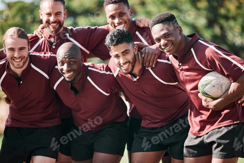 Preview: Portrait, men and rugby with smile while standing, together and happiness for victory. Team, young