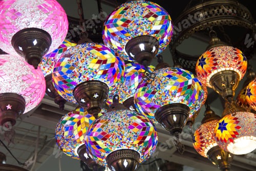 Preview: Oriental lamp made of colored glass. Colorful Turkish lamps made of shiny glass mosaic.