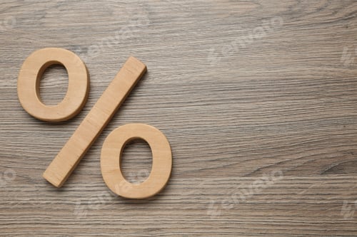 Preview: Percent sign on wooden table, flat lay. Space for text