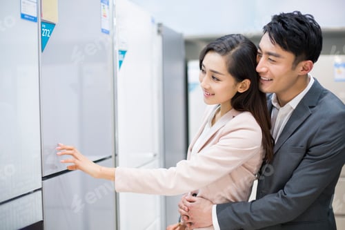 Preview: Young couple buying refrigerator in electronics store