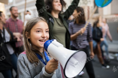Preview: Small child with amplifier on global strike for climate change