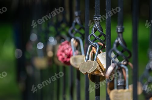 Preview: Heart-Shaped Padlocks on Iron Fence in Sunny Park During Daytime. Blurred background with copy space