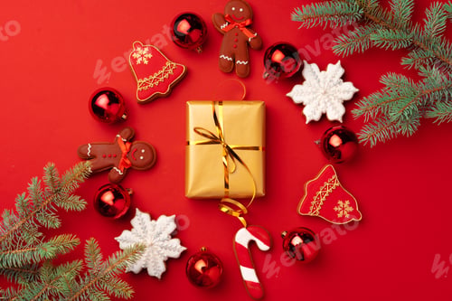 Preview: Christmas background with fir branches and balls on red