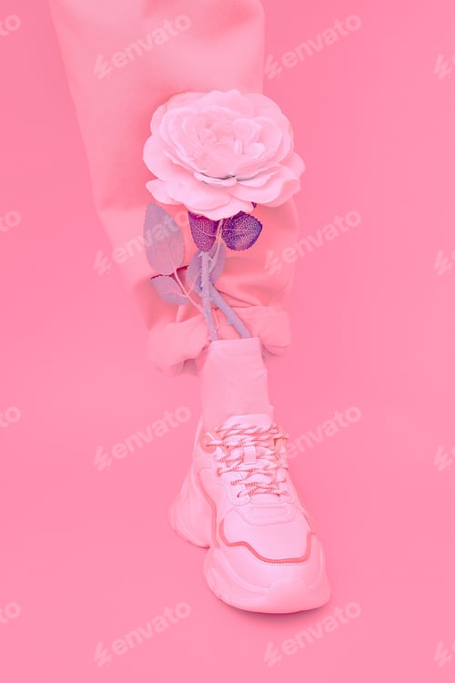 Preview: Fashion Shoes and flowers. Pink aesthetic monochrome design trends