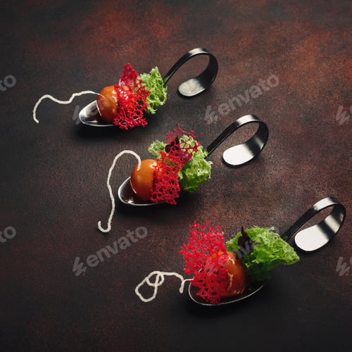 Preview: Molecular modern cuisine galantine duck in spoons on rusty background