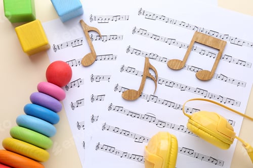 Preview: Wooden notes, music sheets, headphones and toys on beige background, flat lay. Baby song concept