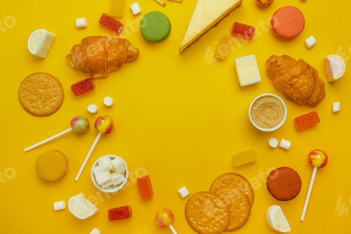 Preview: bright sweets, jelly and cookies on a bright yellow background