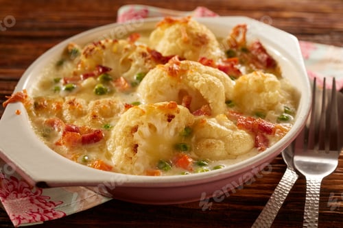 Preview: Top shot of a bowl with delicious cauliflower gratin with cheese