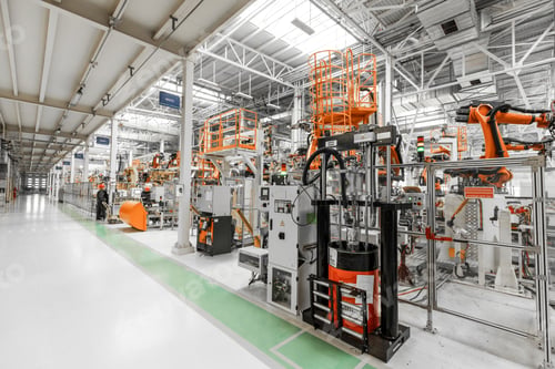 Preview: Photo of automobile production line. Welding car body. Modern car assembly plant. Auto industry