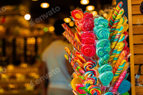 Preview: Caramel lollipops on sticks for children at market entrance