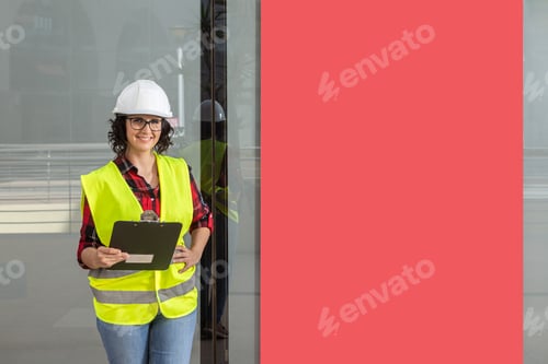 Preview: female worker wearing a reflective waistcoat next to a red poster