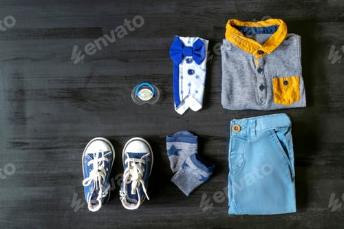 Preview: Different child clothes, pants, shirt, accessories.Baby shower,boy birthday,newborn party