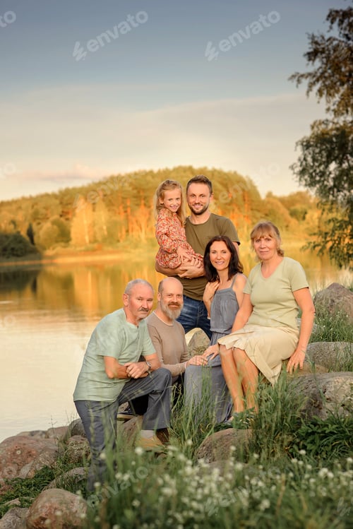 Preview: Big family on a walk in summer: grandmother, grandfather, son, daughter and granddaughter