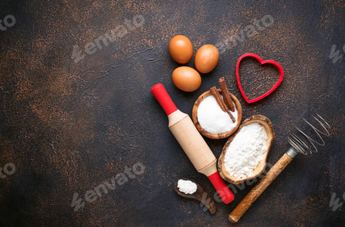 Preview: Ingredients for baking on rusty background