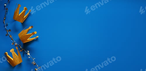 Preview: Happy Epiphany Day, Three Kings Day greeting card with three gold crowns on blue background