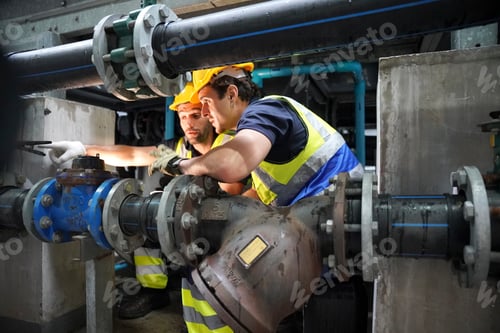 Preview: Workers inspecting industrial water pipes in a facility at midday