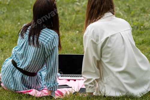 Preview: Back view of two women sitting in park on grass looking at laptop.