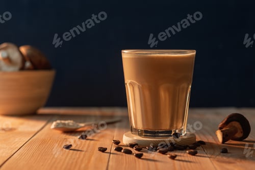 Preview: Creamy mushroom latte in a glass stands on wooden table among coffee beans and fresh mushrooms