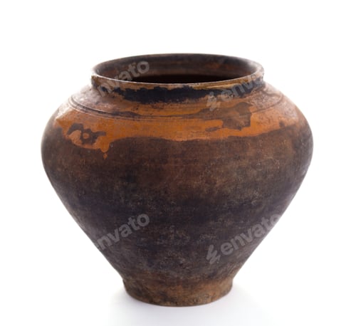 Preview: Old clay pot isolated at white background. Ceramic or clay jar