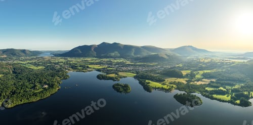 Preview: Aerial panoramic landscape of Keswick town and Derwentwater lake in the English Lake District