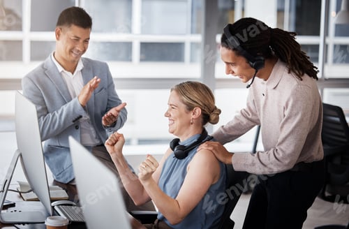 Preview: Customer service team, consulting or happy woman celebrate telemarketing on contact us CRM or ERP t