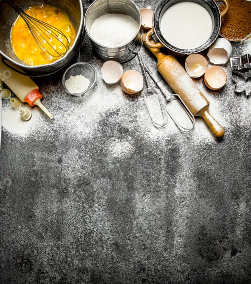 Preview: Baking background. A variety of ingredients for baking on rustic background.