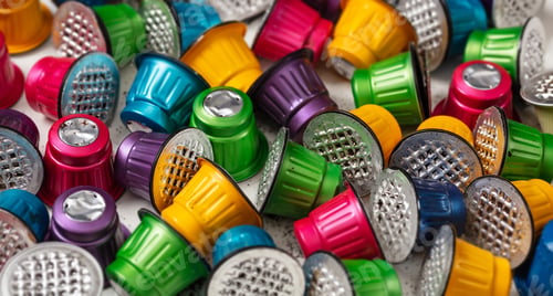 Preview: Colorful used coffee capsules background. Closeup view with details