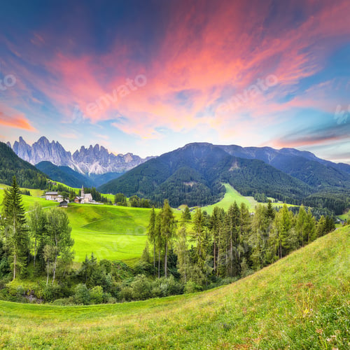 Preview: Marvelous scene of magnificent Santa Maddalena village in Dolomites.