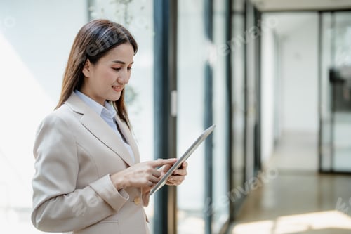Preview: business owner or Asian female marketers are using tablet computer in office work