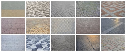 Preview: A collage of many pictures with fragments of paving tiles close-up
