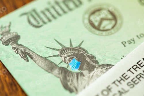 Preview: United States IRS Stimulus Check with Statue of Liberty Wearing Medical Face Mask