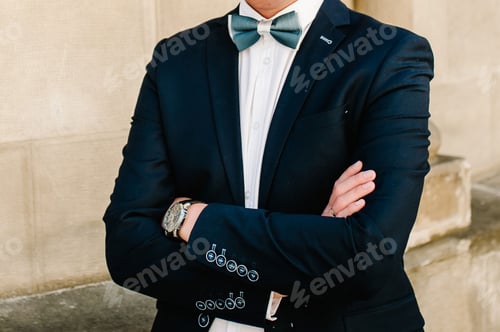 Preview: The attractive groom in a suit and bow tie is stands on the background garden, street. Nature.