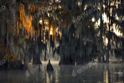 Preview: Beautiful shot of a gloomy day on the Cypress swamps with hanging tree branches in the USA