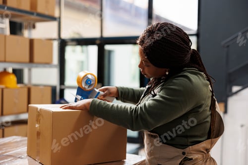 Preview: African american worker putting adhesive tape on carton box