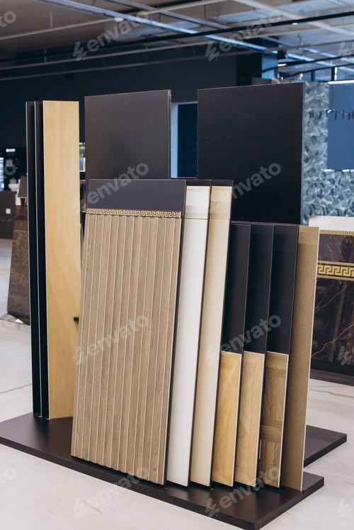 Preview: Flooring and wall panel samples in a modern showroom displaying wood