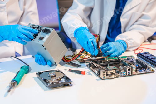Preview: Close-up of a technician wearing gloves soldering electronic components at a desk in an office