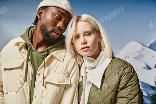 Preview: attractive couple in stylish modern outfits with snowy mountain on backdrop, winter concept
